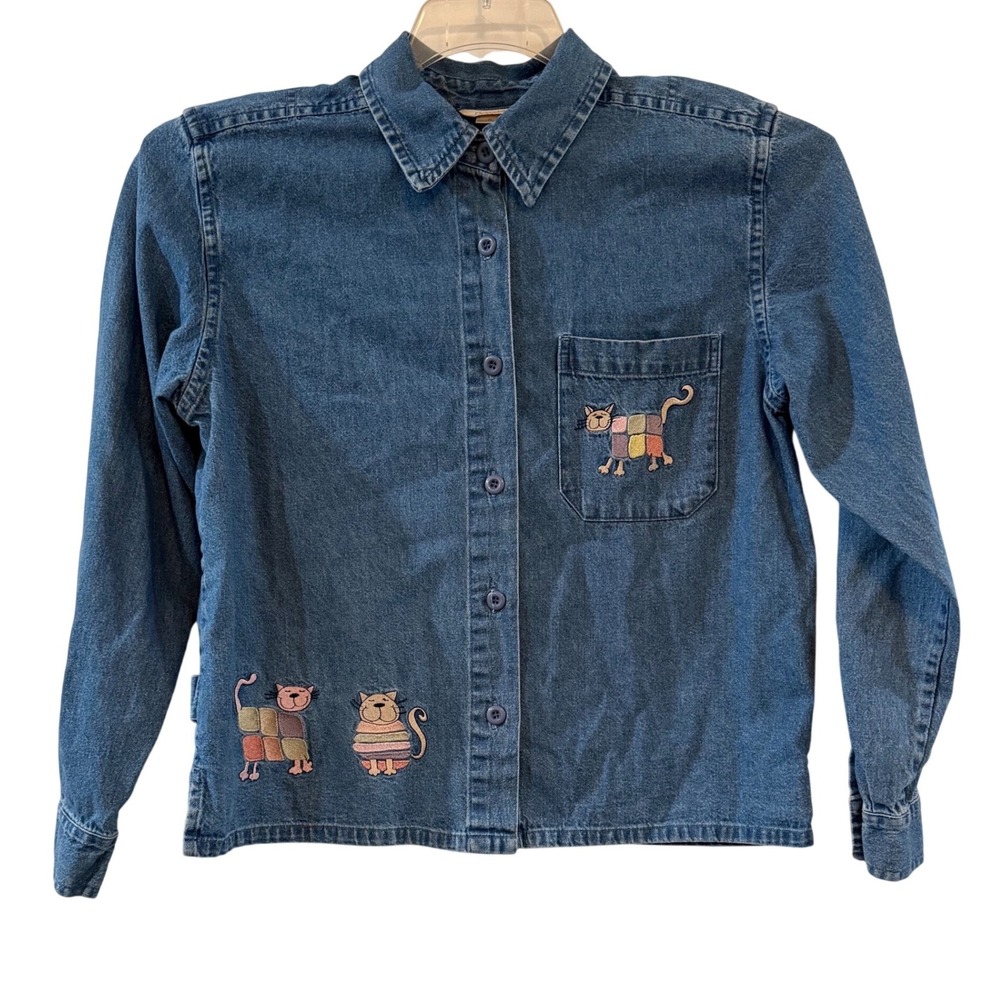 y2K Cat Denim Shirt Embroidered Patchwork 100% Cotton Cottage  Granny Core Small